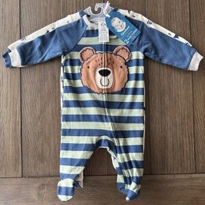 Gerber Navy Blue and Light Green Striped Bear Footed One-Piece